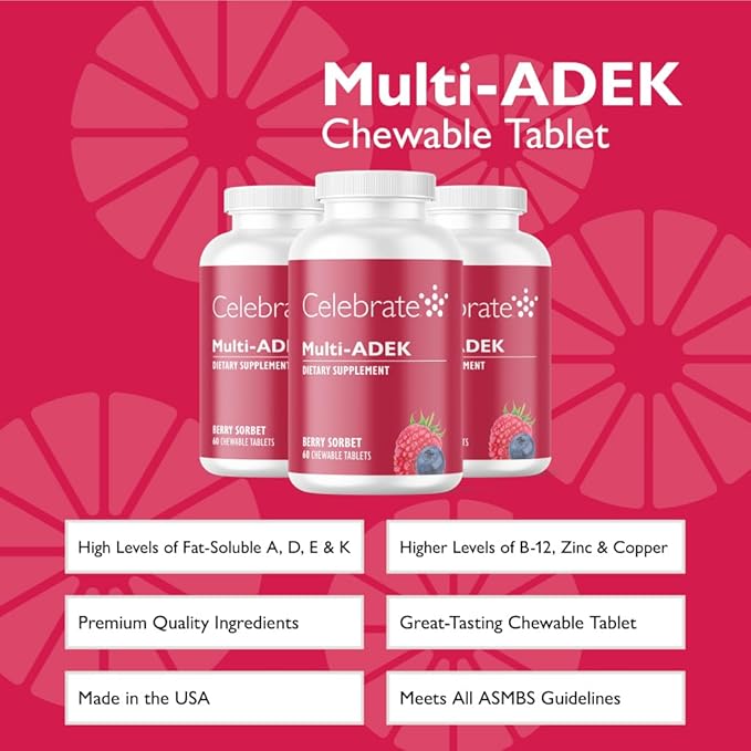 Celebrate Vitamins Multi ADEK Chewables, Iron Free - Daily Bariatric Multivitamin, High Level of Vitamins A, D, E, K & B12 for Duodenal Switch Surgery Patients - Berry Sorbert (180 Tablets)
