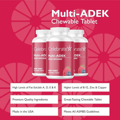 Celebrate Vitamins Multi ADEK Chewables, Iron Free - Daily Bariatric Multivitamin, High Level of Vitamins A, D, E, K & B12 for Duodenal Switch Surgery Patients - Berry Sorbert (180 Tablets)