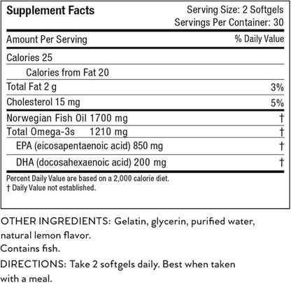 Nutri-Rich Mega EPA + DHA Fish Oil Softgels Norwegian Sustainable Omega 3 Supplements Fatty Acids, Gluten-Free, Burp-Free, Lemon Flavor, 1,210 mg Omega for Heart Health Support (60 Count)