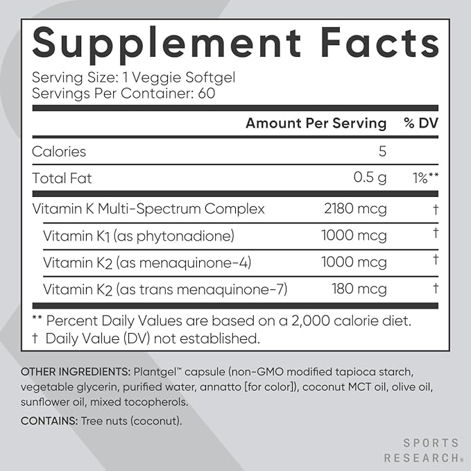 Sports Research® Multi-Spectrum Vitamin K with Coconut MCT Oil - Plant Based Vitamin K1 & K2 (MK-4 + MK-7) - Vegan Certified, Non-GMO & Gluten Free - 60 Veggie Softgels