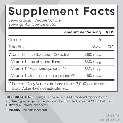 Sports Research® Multi-Spectrum Vitamin K with Coconut MCT Oil - Plant Based Vitamin K1 & K2 (MK-4 + MK-7) - Vegan Certified, Non-GMO & Gluten Free - 60 Veggie Softgels