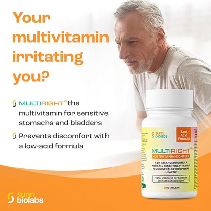 MULTIRIGHT | LOW ACID MULTIVITAMIN for Sensitive Stomachs, Bladders or IC | 14 Vitamins & 14 Minerals | Bladder-Friendly, pH Balanced | Easy on Digestion-Less Acidic | Buffered Vitamin C | 90 Tablets
