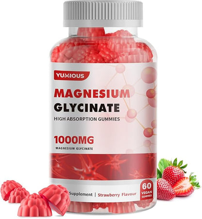 Magnesium Glycinate Gummies 1000mg - for Adults Magnesium Potassium Supplement with Vitamin D, B6, CoQ10 for Calm Mood & Sleep Support - 60 Strawberry Gummies -1 Pack