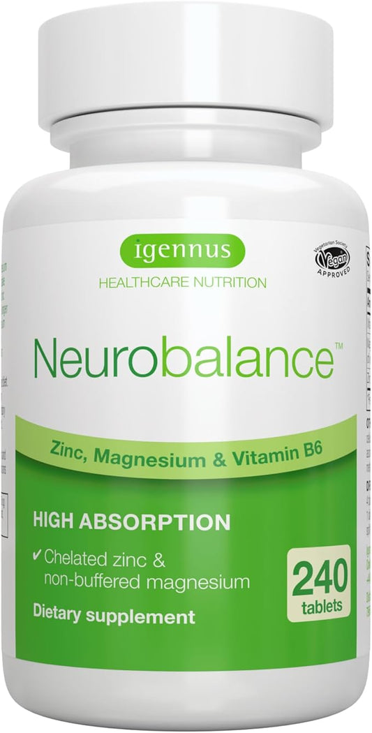 Igennus Neurobalance, High Absorption Zinc Magnesium Vitamin B6 Supplement, Non-GMO, Brain, Immune, Sleep & Muscle Recovery, Chelated Zinc Picolinate 24mg, Oxide-Free Magnesium, Vegan, 240 Tablets