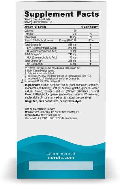 Nordic Naturals Complete Omega-D3, Lemon Flavor - 120 Soft Gels - 565 mg Omega-3 + 70 mg GLA + 1000 IU Vitamin D3 - EPA & DHA - Healthy Skin, Cognition, Positive Mood - Non-GMO - 60 Servings
