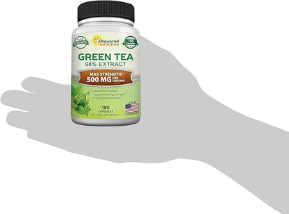 aSquared Nutrition Green Tea Extract with EGCG – 180 Capsules – 500mg per Capsule – 75% Polyphenols, 45% EGCG – Antioxidant Support, Heart Health, Natural Detox – Low Caffeine Supplement