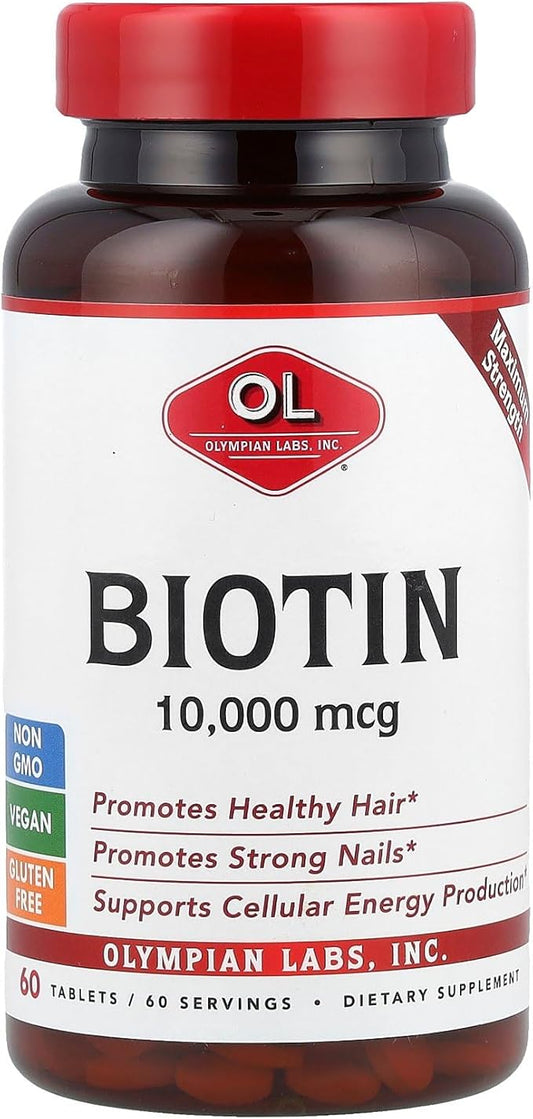 Olympian Labs Max Strength Biotin Vitamin B7 Supplement, 10,000mcg Tablets, Improve Hair, Skin & Nail Growth, 60 Vegan Tablets