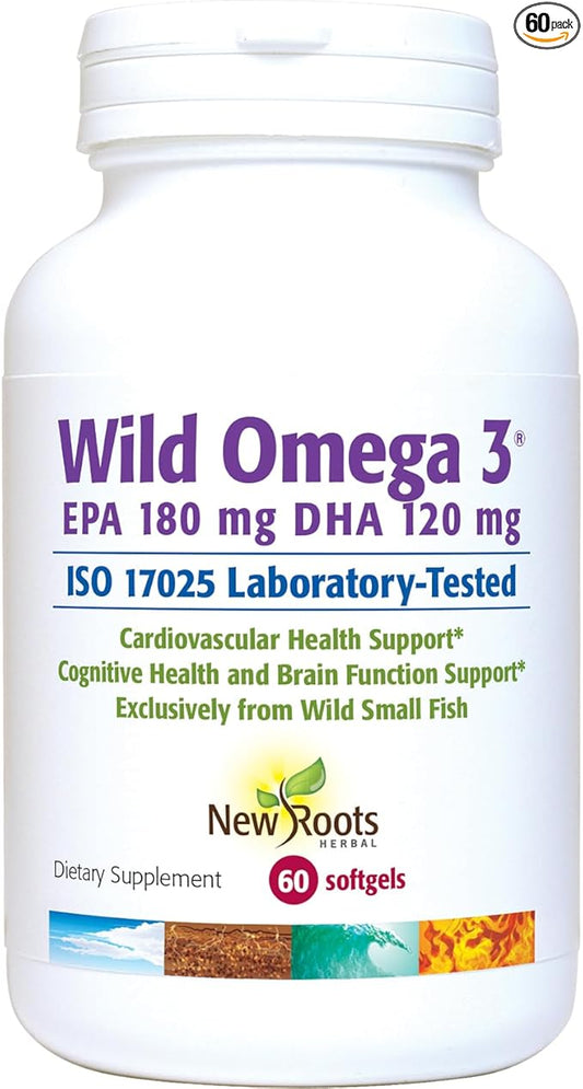 New Roots | Wild Omega 3 Supplement | Ultra Pure Fish Oil with Highest Concentration Vitamin E, 180 mg EPA and 120 mg DHA (60 Softgels)