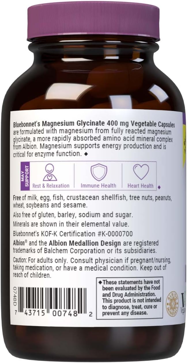 Bluebonnet Magnesium Glycinate, Energy Production*, Enzyme Function*, Non-GMO Certified by NSF, Vegan, Kosher Certified, Gluten-Free, Soy-Free, Dairy-Free, 60 Vegetable Capsules, 15 Servings