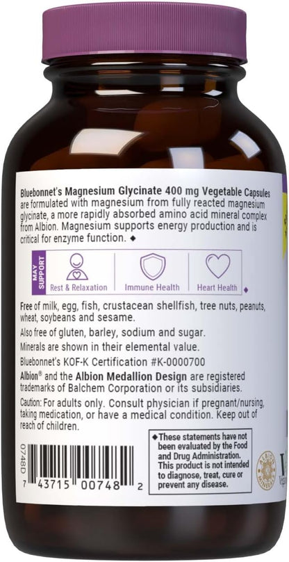 Bluebonnet Magnesium Glycinate, Energy Production*, Enzyme Function*, Non-GMO Certified by NSF, Vegan, Kosher Certified, Gluten-Free, Soy-Free, Dairy-Free, 60 Vegetable Capsules, 15 Servings