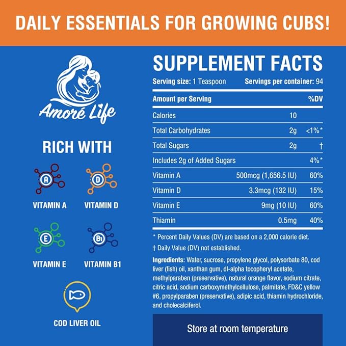 Daily Liquid Multivitamin for Kids, High Absorption with Vitamins A, D, E, B1 and Cod Liver Oil, Vitamin Supplements for Kids, Family Friendly, 16oz, Orange Flavor