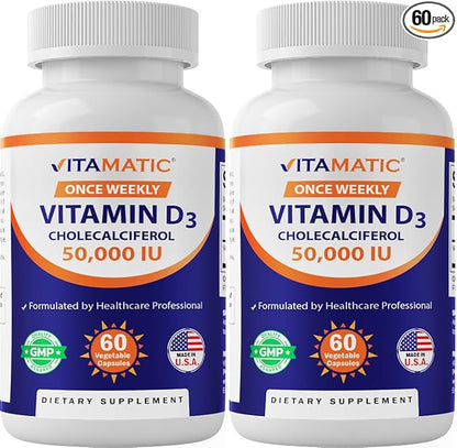 Vitamatic 2 Pack Vitamin D3 50,000 IU (as Cholecalciferol), Once Weekly Dose, 1250 mcg, 60 Veggie Capsules 1 Year Supply, Progressive Formula Helping Vitamin D Deficiencies (Total 120 Veg Capsules)