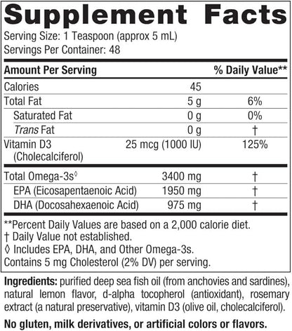 Nordic Naturals Ultimate Omega Xtra Liquid, Lemon Flavor - 8 oz - 3400 mg Omega-3 + 1000 IU Vitamin D3 - EPA & DHA - Brain, Heart, Joint, & Immune Health - Non-GMO - 48 Servings