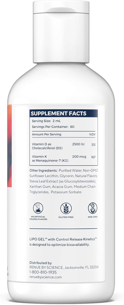 Vitamin D3 K2 Gel | High Strength Liposomal D3 K2 Supplement | 120ml Vitamin D K2 Gel - 2500IU Vitamin D3 & 200mcg Vitamin K2 per Serving | Non-GMO & Allergen Free | Made in The USA