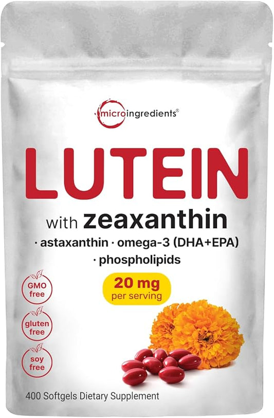 Micro Ingredients Lutein & Zeaxanthin 20mg Softgels, 400 Count, with Astaxanthin, Omega-3s, & Phospholipids | Eye + Vision Health Vitamins | Third Party Tested, Non-GMO, Gluten Free