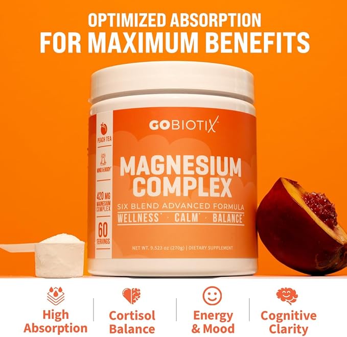 GoBiotix Magnesium Glycinate Powder – Cortisol Supplement for Women and Men – High Absorption Magnesium Complex Calm Supplement with Citrate, Malate – Sugar Free – 420 mg, 60 Servings, Peach Tea