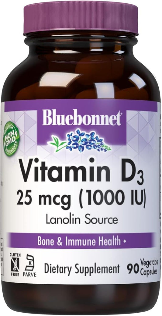 BlueBonnet Nutrition Vitamin D3 1000 IU, Aid in Muscle and Skeletal Growth, Cholecalciferol from Lanolin, Non GMO, Gluten Free, Soy Free, Milk Free, Kosher, 90 Vegetable Capsule, White