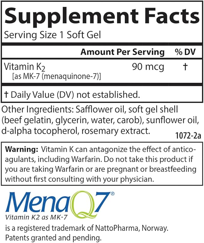 Carlson - Vitamin K2 MK-7 (Menaquinone), 90 mcg, Bone Support, Calcium Bioavailability, K2 Vitamin, Vitamin K-2, 120 Softgels