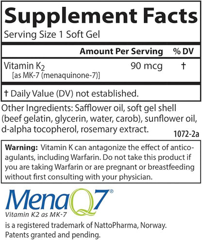 Carlson - Vitamin K2 MK-7 (Menaquinone), 90 mcg, Bone Support, Calcium Bioavailability, K2 Vitamin, Vitamin K-2, 120 Softgels