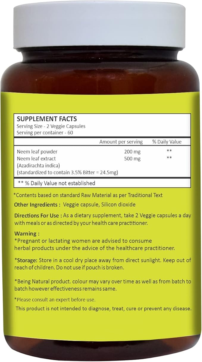 HERBAL HILLS Neem Capsules 120 Vegie Capsules Neem Leaf Azadirachta Indica 700 mg Powder and Extract Blend in a Capsule