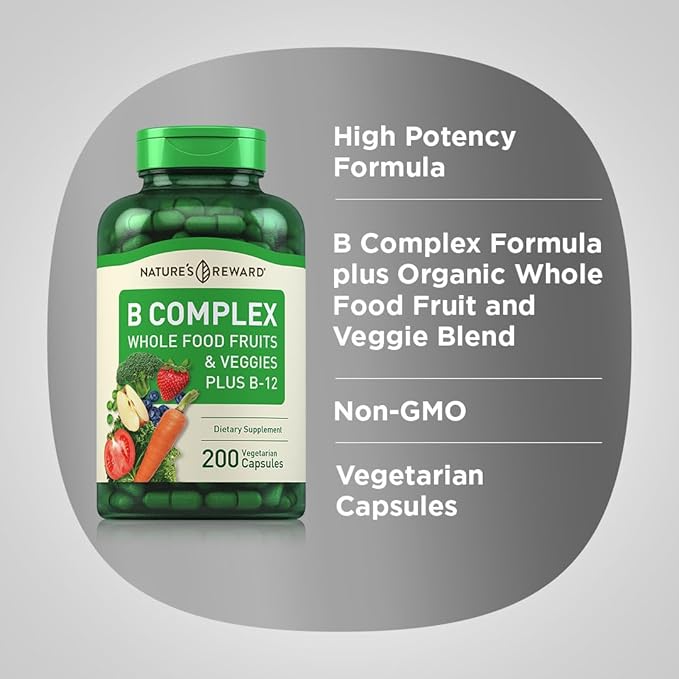 Piping Rock B Complex Vitamin for Women and Men | 200 Capsules | with B12, B6, Folate, Biotin | Fruit and Vegetable Blend | Vegetarian, Non-GMO, Gluten Free