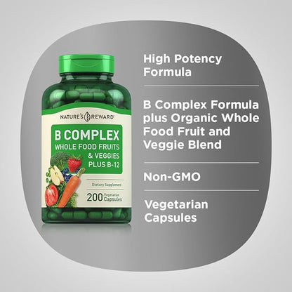 Piping Rock B Complex Vitamin for Women and Men | 200 Capsules | with B12, B6, Folate, Biotin | Fruit and Vegetable Blend | Vegetarian, Non-GMO, Gluten Free