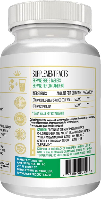 ACTIF 100% Ocean Cleaned Organic Chlorella and Spirulina, Non-GMO, Best Detox and Vegan Diet Supplement, Made in USA - 120 Tablets