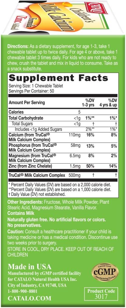 CATALO Toddler Children’s Milk Calcium Formula with Zinc Added - TruCal® Milk Calcium, Phosphorus, Magnesium, and Chelated Zinc - Vanilla Flavor, 100 Chewable Tablets