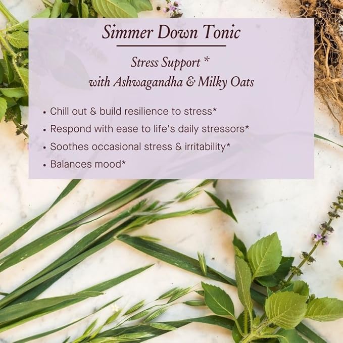 Urban Moonshine Simmer Down Tonic - Stress Support* with Ashwagandha & Milky Oats - Soothes Nervousness & Irritability* - Promotes Mellow Mood* - Gluten Free Herbal Supplement - 2 Fl Oz