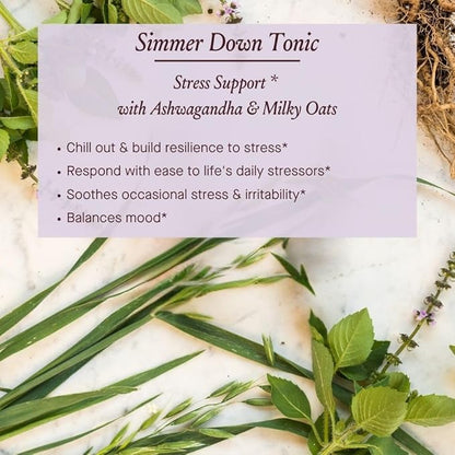 Urban Moonshine Simmer Down Tonic - Stress Support* with Ashwagandha & Milky Oats - Soothes Nervousness & Irritability* - Promotes Mellow Mood* - Gluten Free Herbal Supplement - 2 Fl Oz