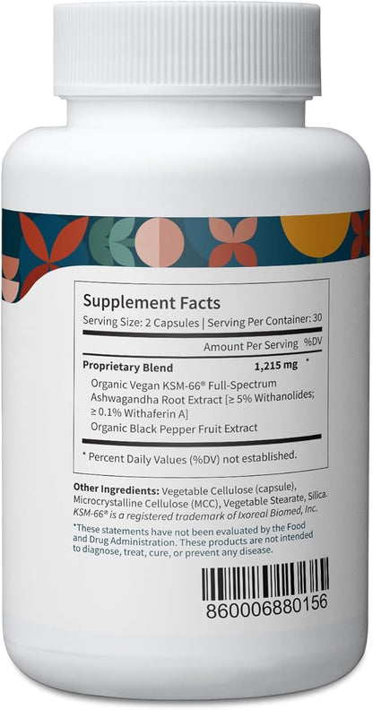 Pattern Wellness Ashwagandha Complex for Men & Women - KSM-66 & Black Pepper Extract - Whole Body & Heart Health - Supports Stress & Mood - Non-GMO - 60 Vegan Capsules