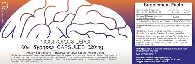 Nootropics Depot Synapsa Bacopa Monnieri Capsules | 320mg | 60 Count | Whole Plant Extract | Ayurveda Supplement | Adaptogen Herb | to Enhance Learning, Memory & Mental Performance