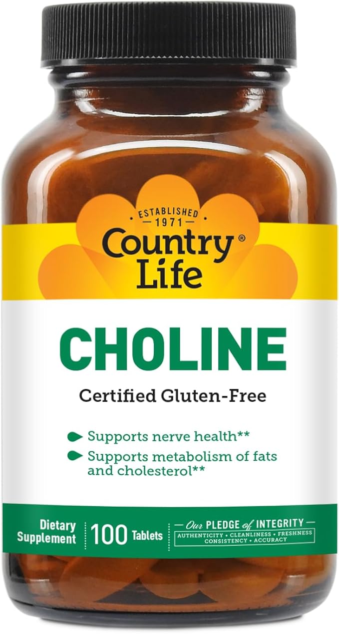 Country Life Choline 266mg, Certified Gluten Free, Certified Vegan, Certified Halal - 100 Tablets