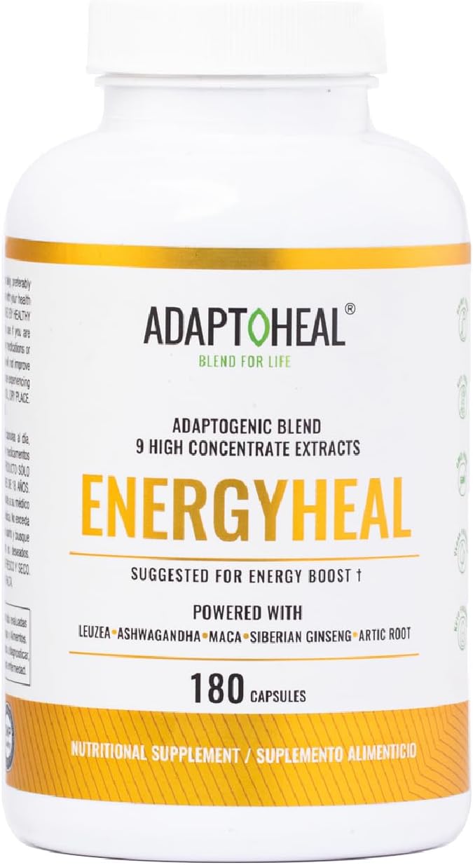 Energy Supplement Caffeine Free - Adaptogen Blend with Ashwagandha, Rhodiola Rosea, Maca, Leuzea, Gingseng - Increases Energy, Natural Stress Relief, Focus and Vitality (180 Capsules)