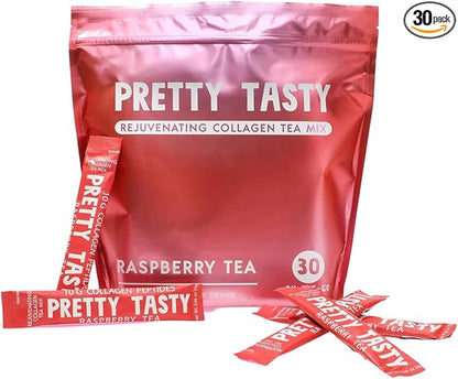 Raspberry Radiance Collagen Tea - Stick Pack Pouch, Sun-Kissed Raspberry Blend, Beauty and Wellness, 10g Collagen Peptides Mix, 30 Count