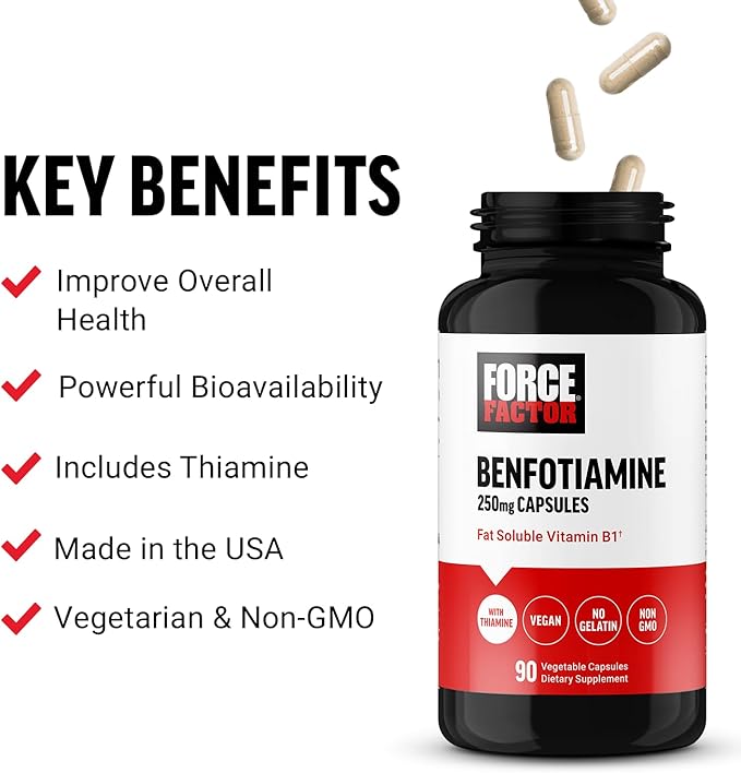 FORCE FACTOR Benfotiamine Plus Thiamine Supplement, Fat Soluble Vitamin B1 for High Absorption, Non-GMO, Vegan, 90 Vegetable Capsules