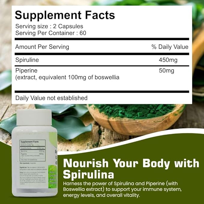 Spirulina Capsules 120 Veggie Capsule Blue Green Algae Supplement 450mg with Piperine for Enhanced Absorption Rich in Chlorophyll, Amino Acids, Vitamins & Minerals