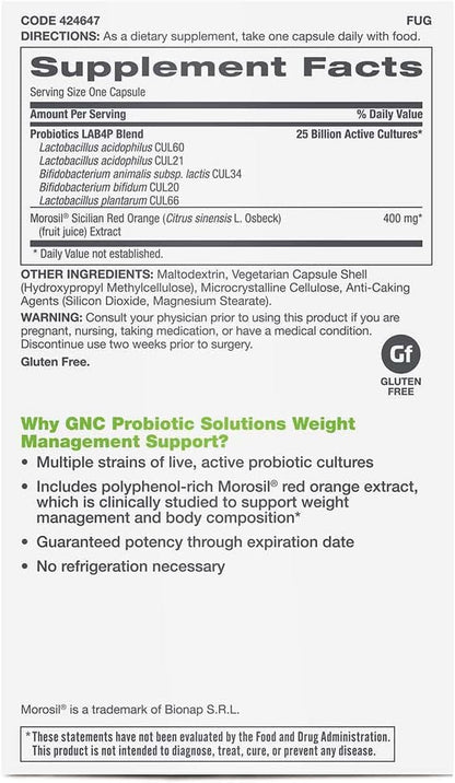 GNC Probiotic Solutions Weight Management Support with 25 Billion CFUs | Contains Clinically Studied Strains of Live, Active Probiotic Cultures, Vegetarian, Gluten Free, | 30 Capsules