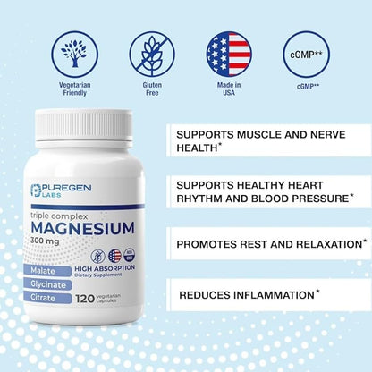 Puregen Labs Triple Magnesium Complex 300mg of Magnesium Glycinate, Malate, & Citrate [High Absorption] 120 Veg Capsules | No Harmful Additives | Non-GMO, NO Gluten and Dairy | Made in USA