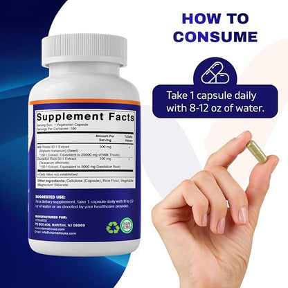 Vitamatic Milk Thistle 50:1 Extract 500mg, Dandelion Root 50:1 Extract 100mg, 180 Vegetarian Capsules, Non-GMO, Gluten Free
