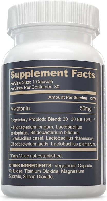 Melatonin 50mg Plus Probiotics 30 Bill CFU/Better Sleep/Night Formula/Sleep Support Supplement & Balanced Gut Health - Easy to Take | Supports Digestive & Immune System Function