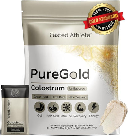 PureGold Colostrum | Premium Grass Fed | Supports Gut Health, Skin & Hair, Muscle Recovery, Bloating, Immunity | Colostrum Supplement Powder | Unflavored, 30 Serving Packets