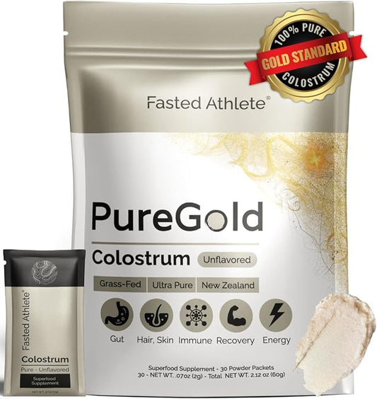 PureGold Colostrum | Premium Grass Fed | Supports Gut Health, Skin & Hair, Muscle Recovery, Bloating, Immunity | Colostrum Supplement Powder | Unflavored, 30 Serving Packets