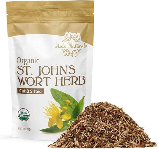 Organic St. John's Wort Herb Cut & Sifted, 4 Ounces (Hypericum perforatum) USDA Certified | Resealable Pouch| Packaged in The USA (Pack of 1)