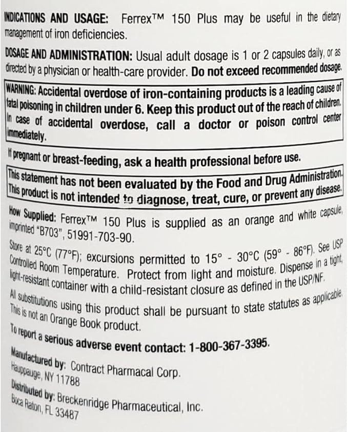 Breckenridge Ferrex 150 Polysaccharide Iron Complex Caps 100ct *Non Blister* by "Breckenridge Pharmaceutical, Inc."