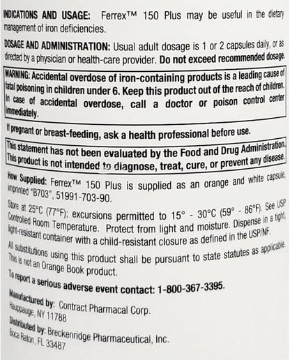 Breckenridge Ferrex 150 Polysaccharide Iron Complex Caps 100ct *Non Blister* by "Breckenridge Pharmaceutical, Inc."