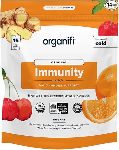 Organifi Immunity - Organic Superfood Immunity Support - 15 Single Serve Packets - Immunity Powder for T Cell Production and Upper Respiratory Health - Mushroom Beta Glucans, Vitamin C, D and Zinc
