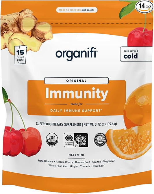 Organifi Immunity - Organic Superfood Immunity Support - 15 Single Serve Packets - Immunity Powder for T Cell Production and Upper Respiratory Health - Mushroom Beta Glucans, Vitamin C, D and Zinc
