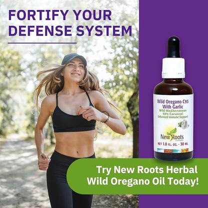 New Roots | Wild Oregano Oil Drops with Garlic (30 ml) | C93 Extra Strength with Highest Concentration Carvacrol (93%), Hand-Picked Mediterranean Oregano Oil Liquid