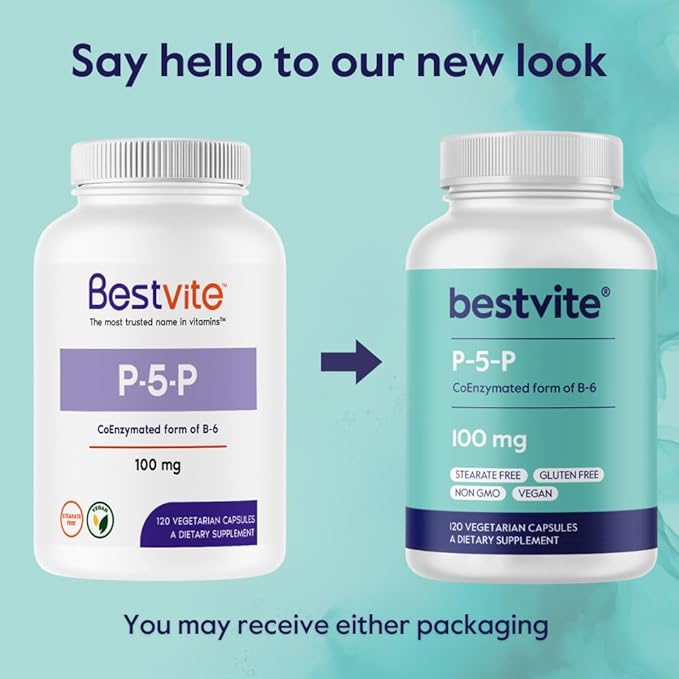 BESTVITE P-5-P 100mg (120 Vegetarian Capsules) (CoEnzymated Form of B-6) - No Stearates - Vegan - Non GMO - Gluten Free - No Silicon Dioxide - No Gelatin